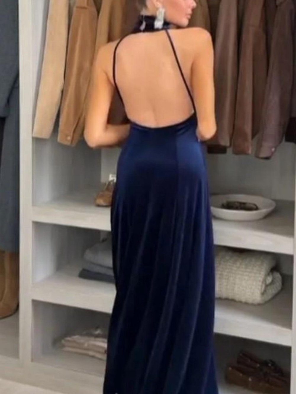 Zara Midnight Blue Velvet Backless Halter Gown